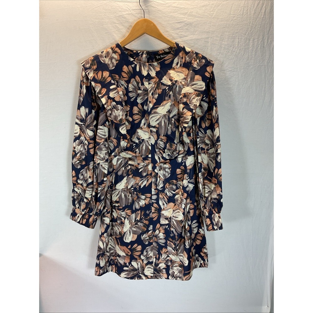 NEW En Saison Leighton long sleeve Mini Dress Blue floral ruffled fit/flare sz M
